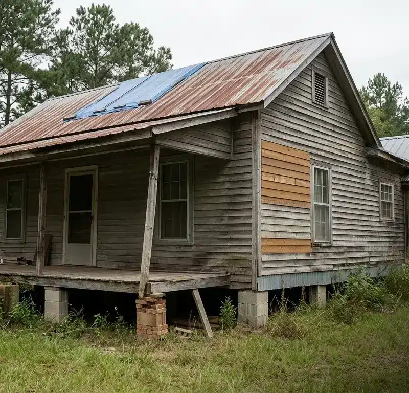 Older rural East Texas home with pier-and-beam foundation, sagging porch, and patched roof and siding