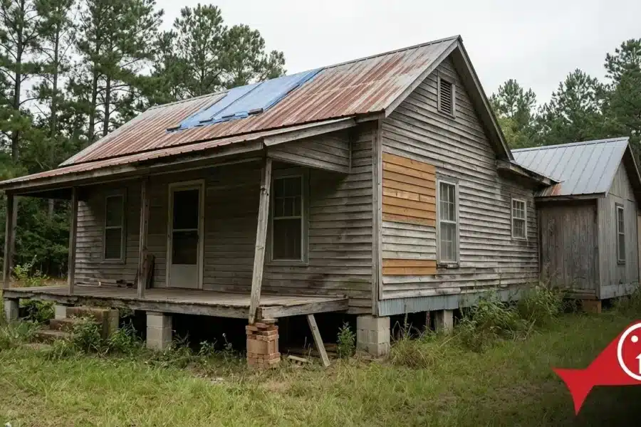 Older rural East Texas home with pier-and-beam foundation, sagging porch, and patched roof and siding