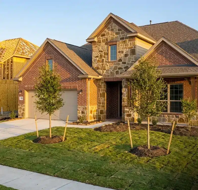 Newly built home in a Montgomery, Texas subdivision with fresh sod and young staked trees
