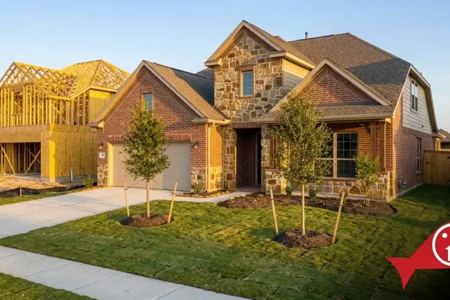 Newly built home in a Montgomery, Texas subdivision with fresh sod and young staked trees