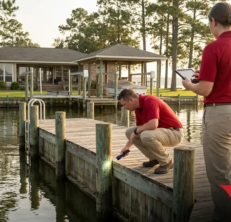Home inspectors examining the dock pilings and bulkhead at a Southeast Texas lakefront property