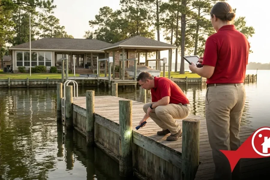 Home inspectors examining the dock pilings and bulkhead at a Southeast Texas lakefront property