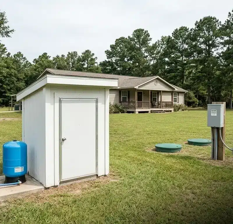 Private well head, pressure tank, and septic access risers with control panel on a rural Texas property