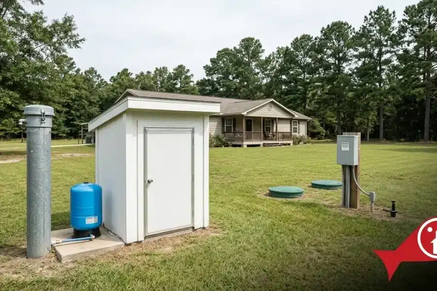 Private well head, pressure tank, and septic access risers with control panel on a rural Texas property