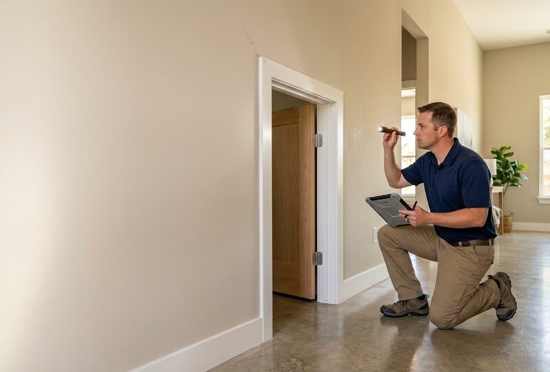 Home inspector examining a wall crack to assess foundation heave vs. settling in a Texas slab home