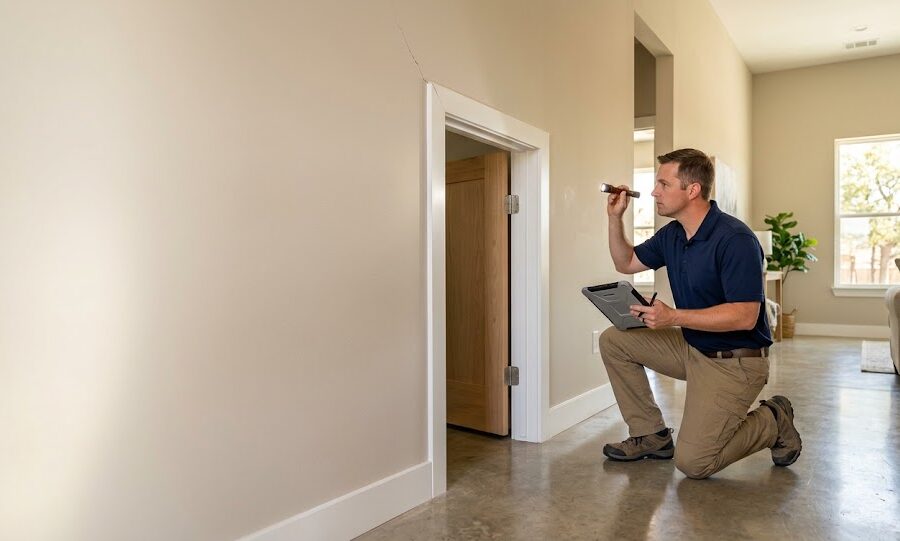 Home inspector examining a wall crack to assess foundation heave vs. settling in a Texas slab home