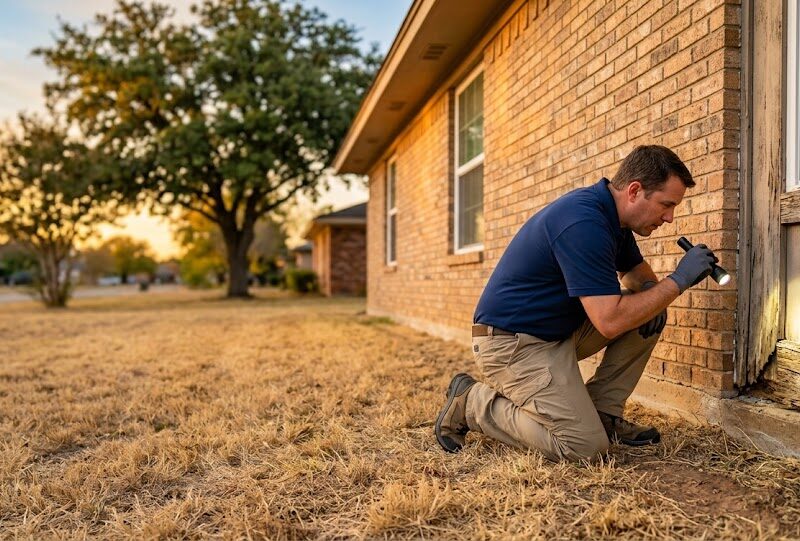 Inspector checking wood trim near the soil line, a common question in a termite inspection for home purchase