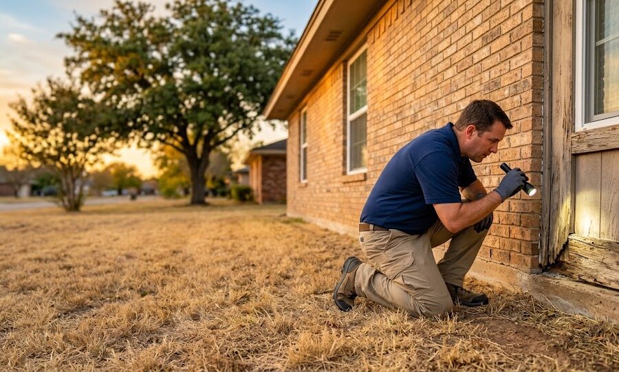 Inspector checking wood trim near the soil line, a common question in a termite inspection for home purchase