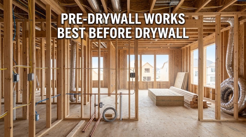 New-construction home at the pre-drywall stage with framing, wiring, and ductwork still visible