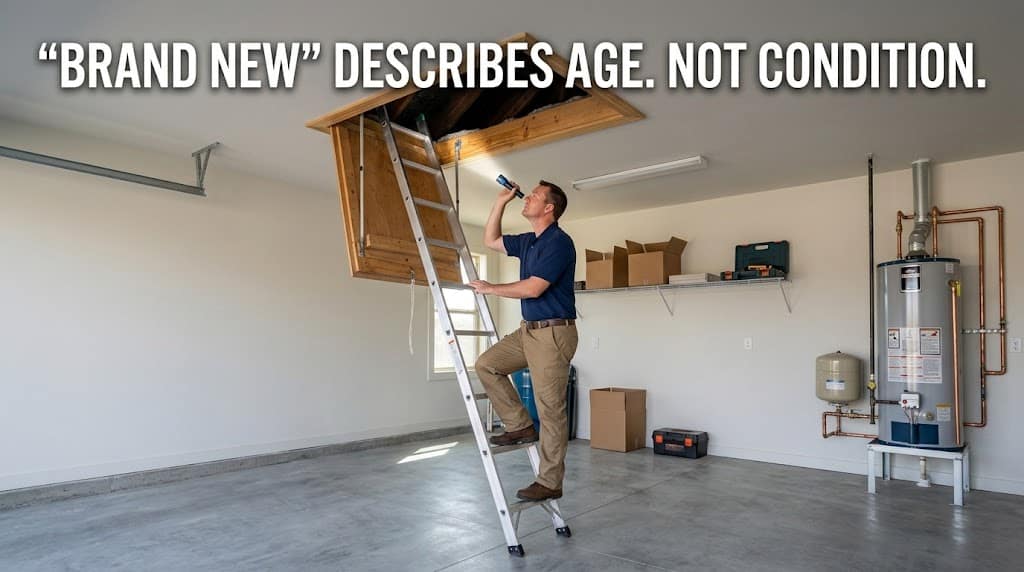Inspector accessing the attic of a newly completed home during a final new-construction inspection
