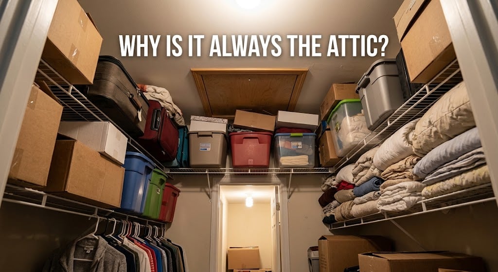 Attic access hatch above packed closet shelving, a common obstacle when preparing for a home inspection