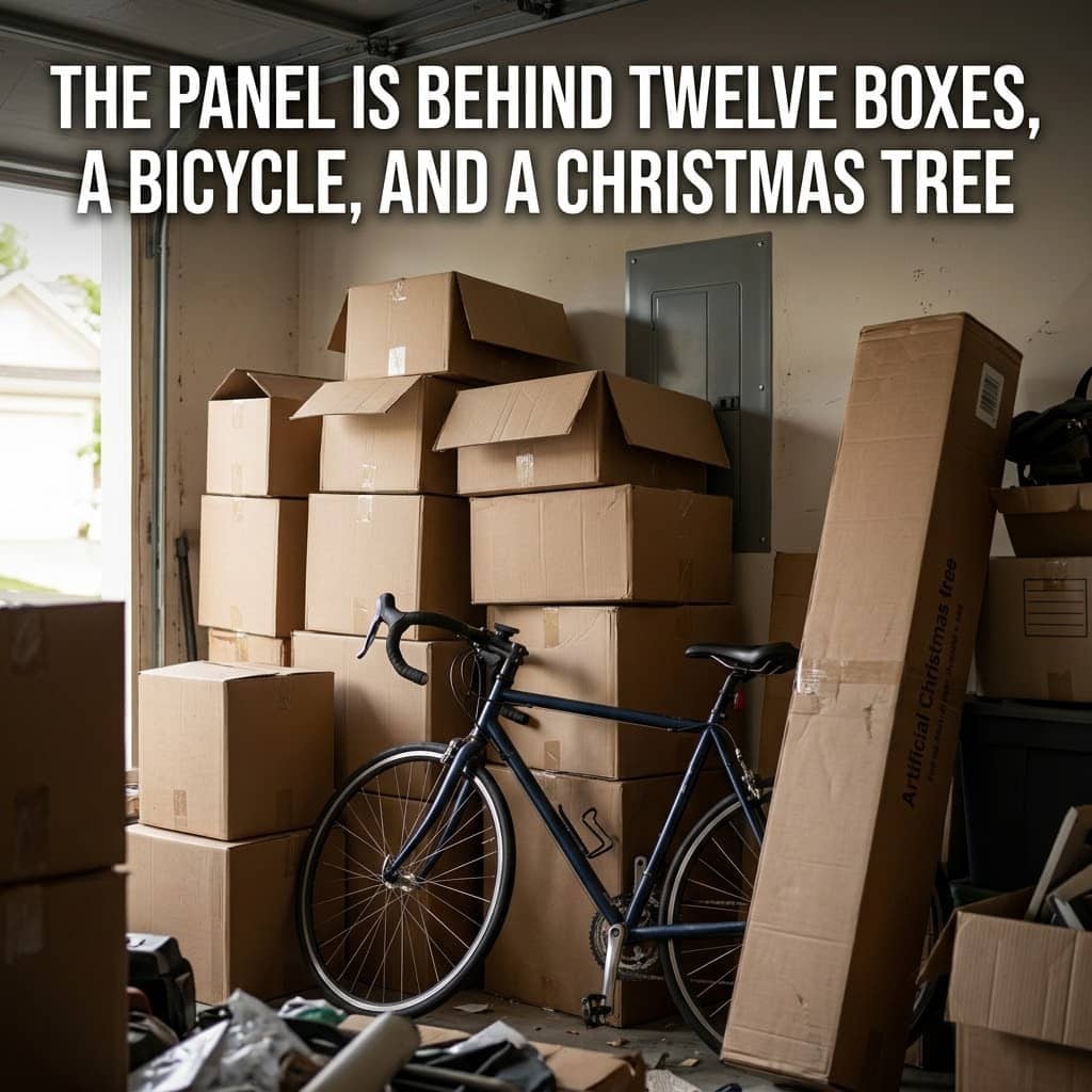 Electrical panel blocked by stored boxes and a bicycle, limiting access during a home inspection