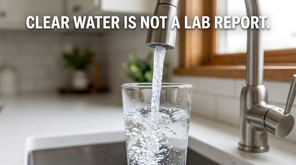 Glass of clear well water, showing that appearance cannot replace a well water bacteria test