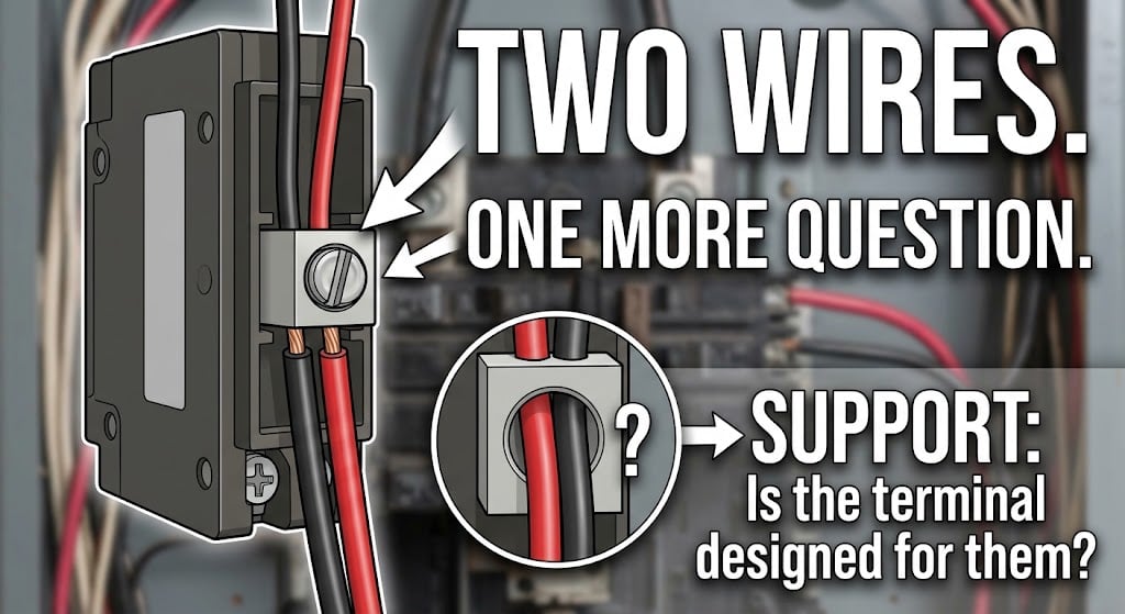 Double-tapped breaker terminal evaluated against its equipment design during a home inspection