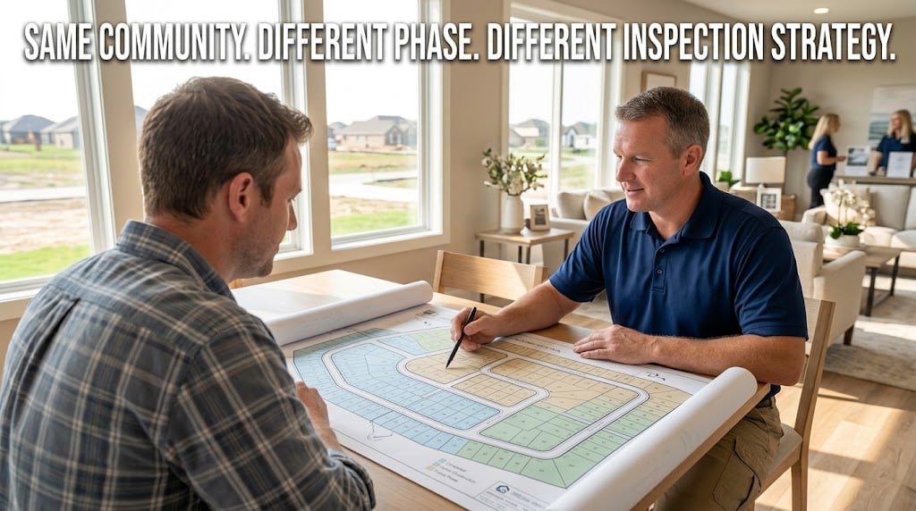Buyer and inspector reviewing a subdivision site plan to plan inspections by construction phase