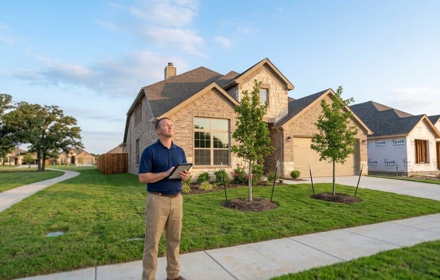 Home inspector at a newly completed home, illustrating a Dove Hollow Waxahachie home inspection