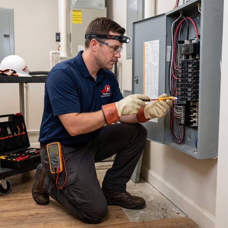 Home inspector evaluating an accessible residential electrical panel.