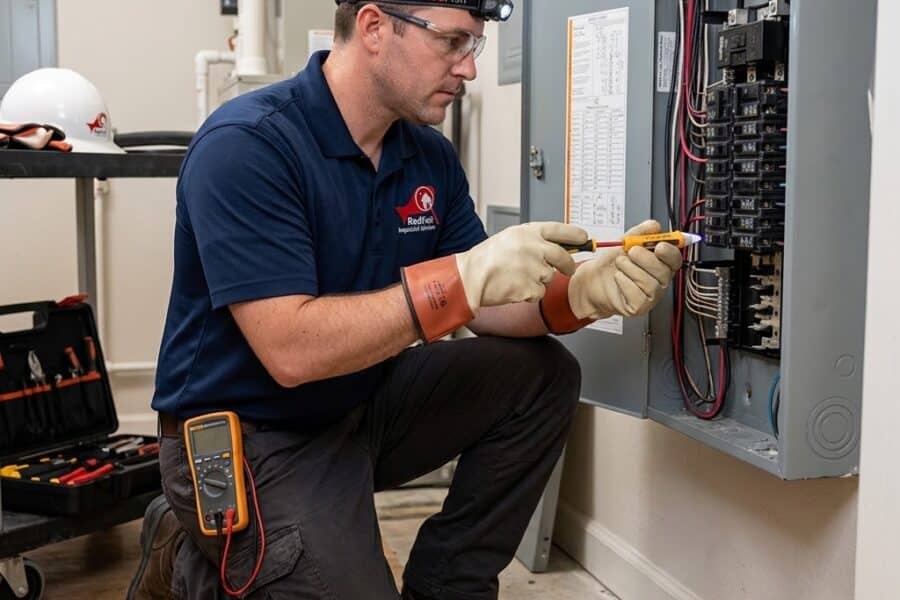 Home inspector evaluating an accessible residential electrical panel.