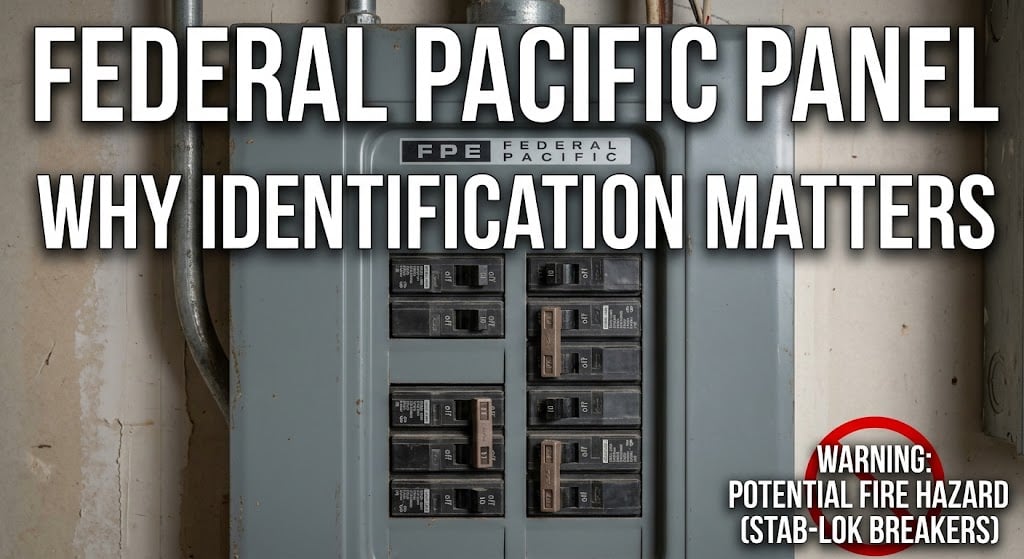 Federal Pacific panel being identified and documented during a home inspection