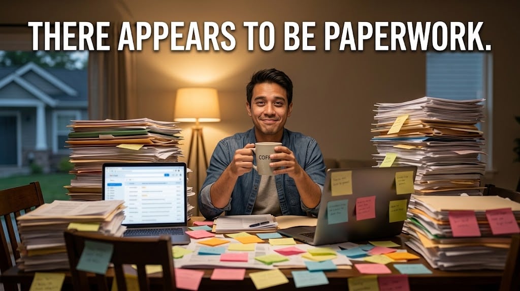 First-time home buyer surrounded by transaction paperwork during the home buying process