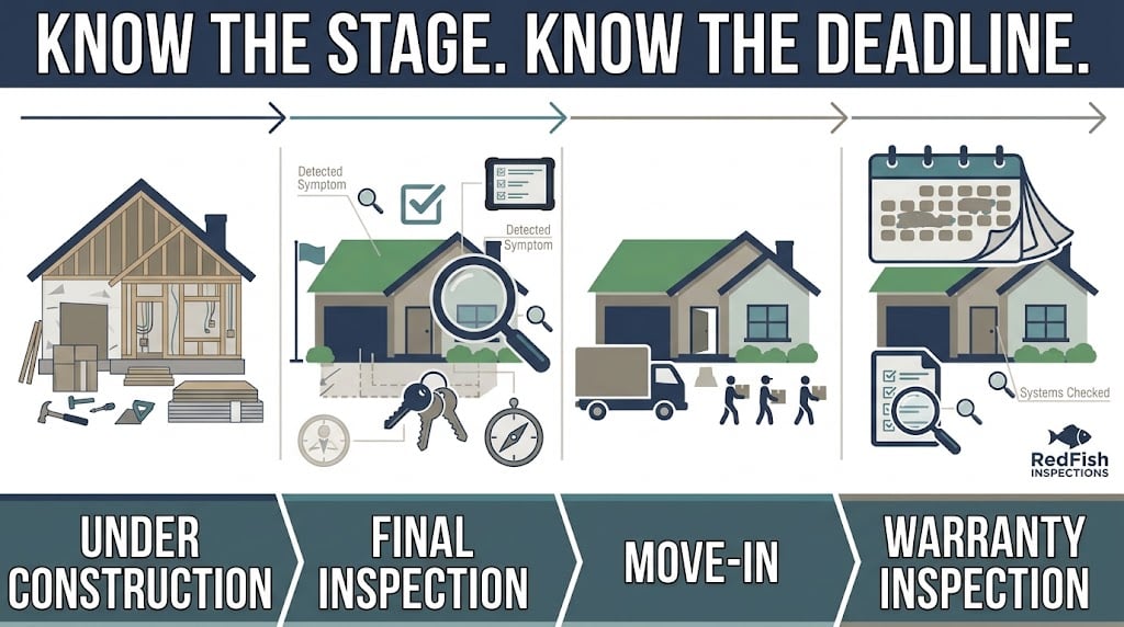Timeline of new-home inspection stages from construction to final inspection and builder-warranty inspection