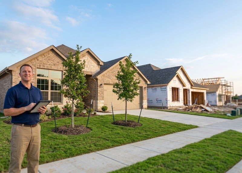 Home inspector at a completed new home next to one under construction, illustrating a Frontier Joshua home inspection