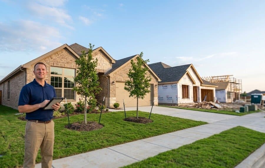 Home inspector at a completed new home next to one under construction, illustrating a Frontier Joshua home inspection