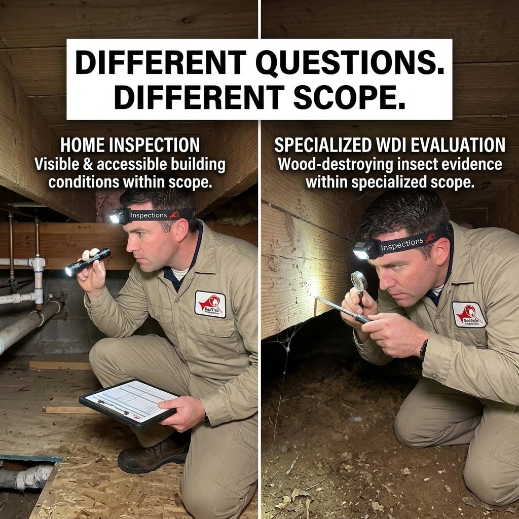 Comparison of a general home inspection and a specialized termite inspection for home purchase decisions