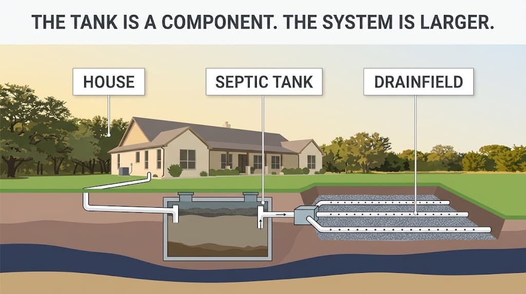 Diagram showing how a septic system works, from house to septic tank to drainfield