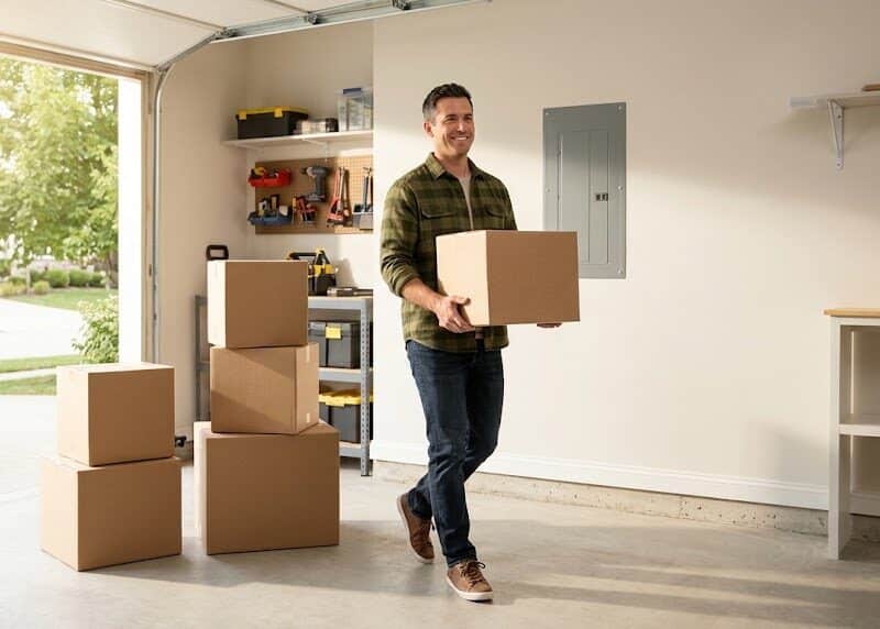 Homeowner clearing boxes away from an electrical panel to prepare for a home inspection