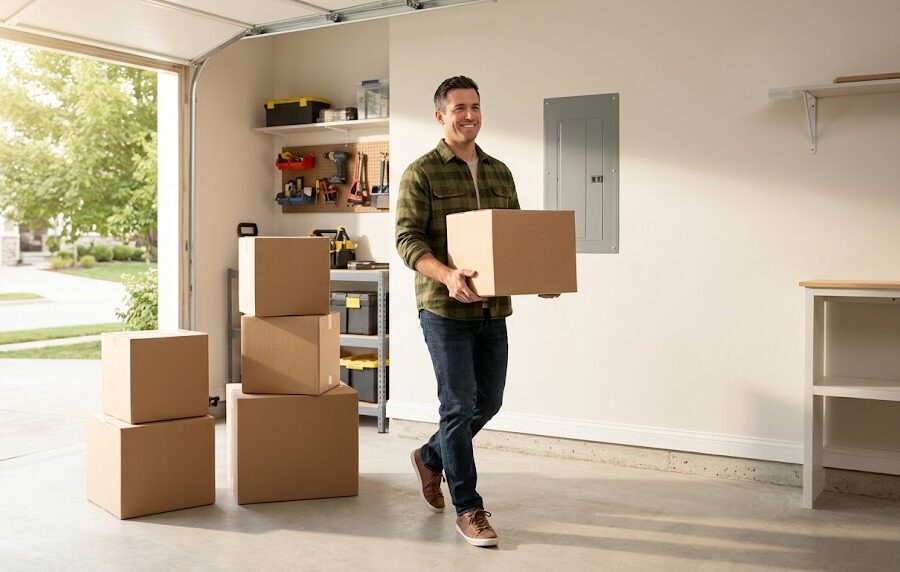 Homeowner clearing boxes away from an electrical panel to prepare for a home inspection