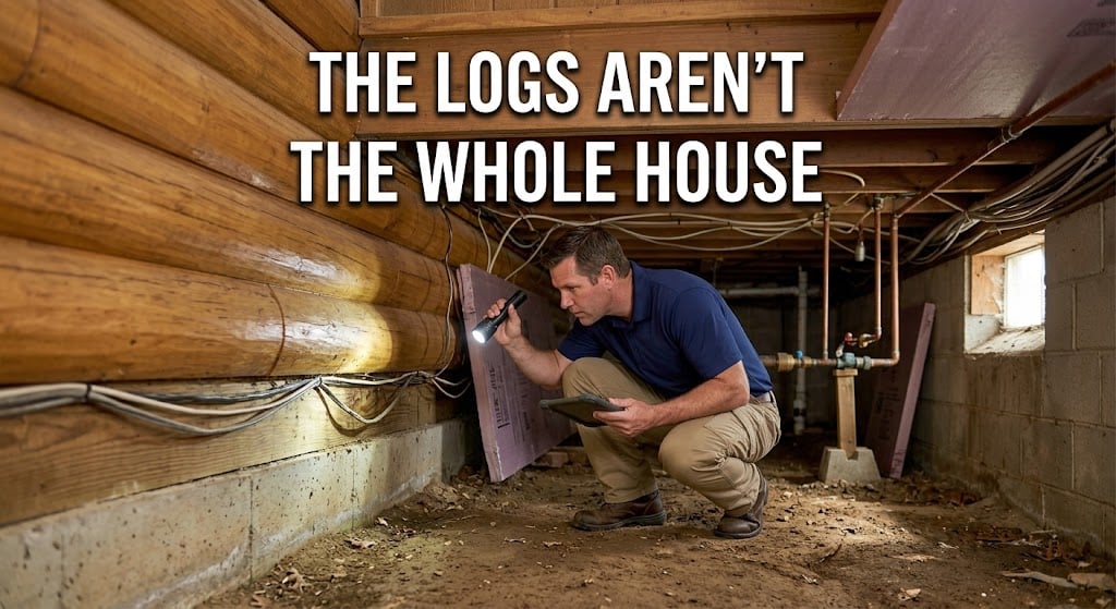 Inspector Hindsight explaining how to evaluate log home conditions in context