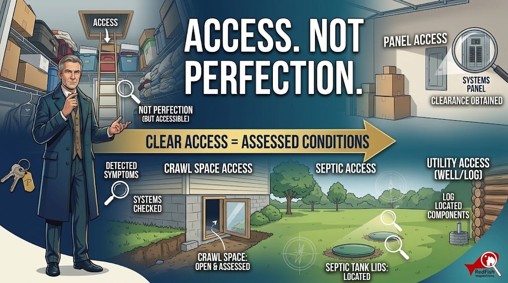 Inspector Hindsight explaining that home inspection preparation is about access, not perfection