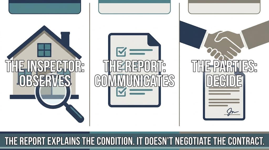Infographic showing that the inspector observes, the report communicates, and the transaction parties decide on repairs