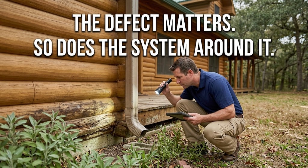Home inspector evaluating weathering near the base of a log wall and the drainage around it