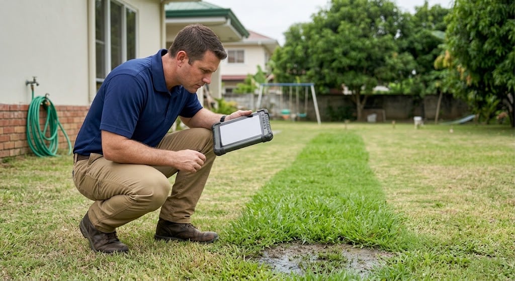 Inspector examining a persistently wet area of lawn to determine its source