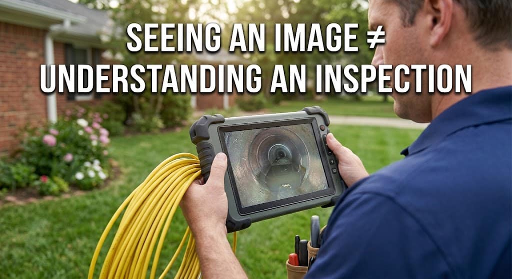Inspector reviewing standing water on a sewer camera monitor during a sewer line evaluation