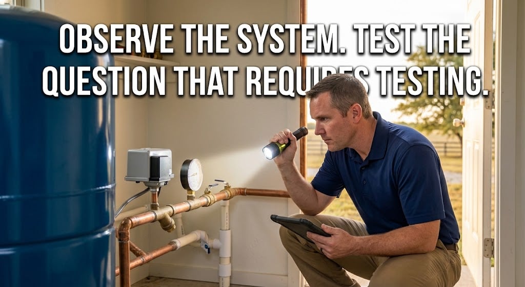 Home inspector evaluating visible plumbing, valves, and the pressure tank of a private well system