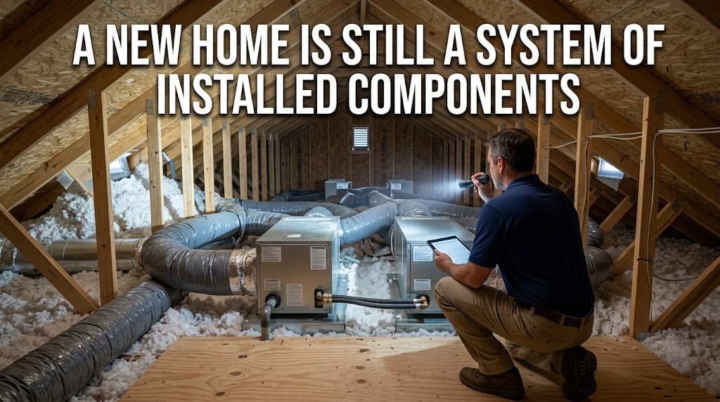 New-construction attic with multiple HVAC units and extensive ductwork evaluated during an inspection