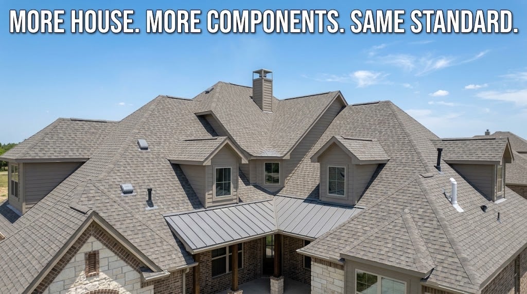 Complex roofline with multiple gables and valleys on a large new-construction home