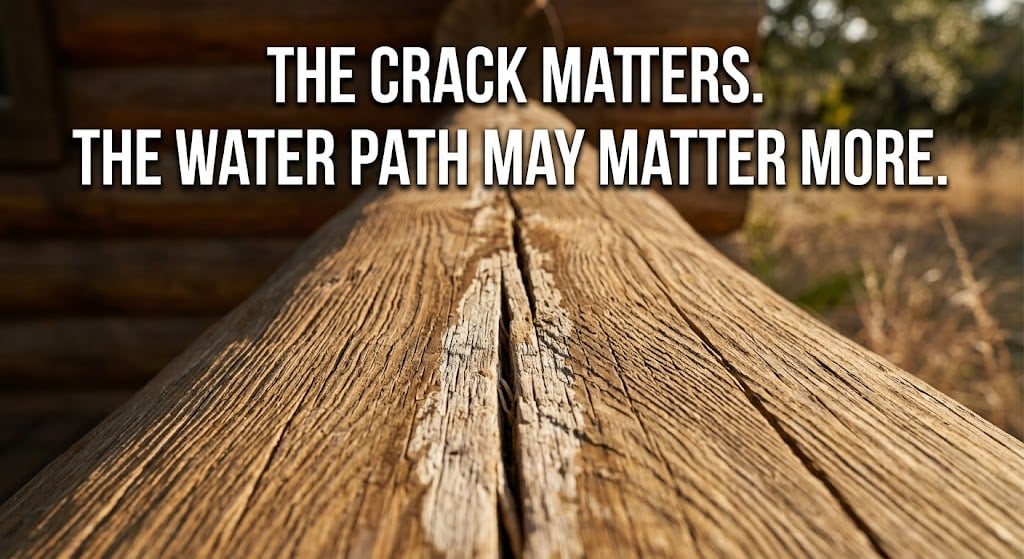 Upward-facing check along the top of an exterior log, a common log home inspection observation