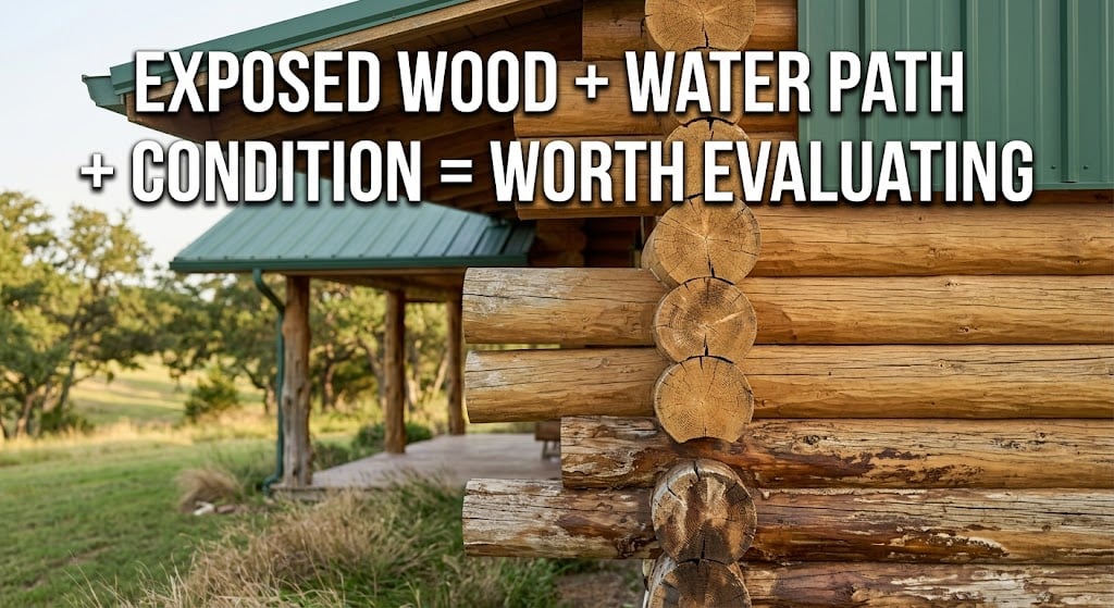 Weathered log ends at the corner of a log home, showing uneven weather exposure
