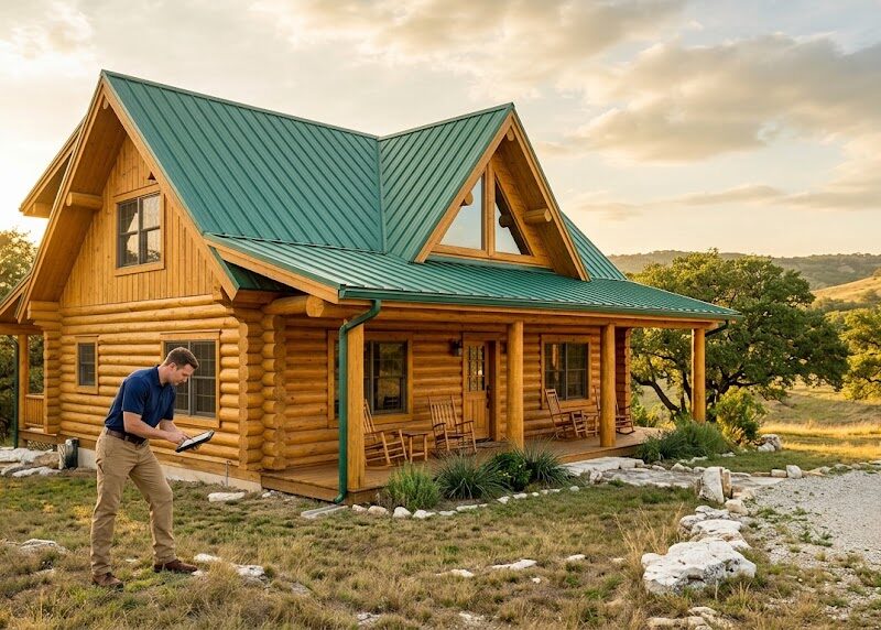 Inspector examining the log walls of a Texas Hill Country home as part of log home maintenance and inspection