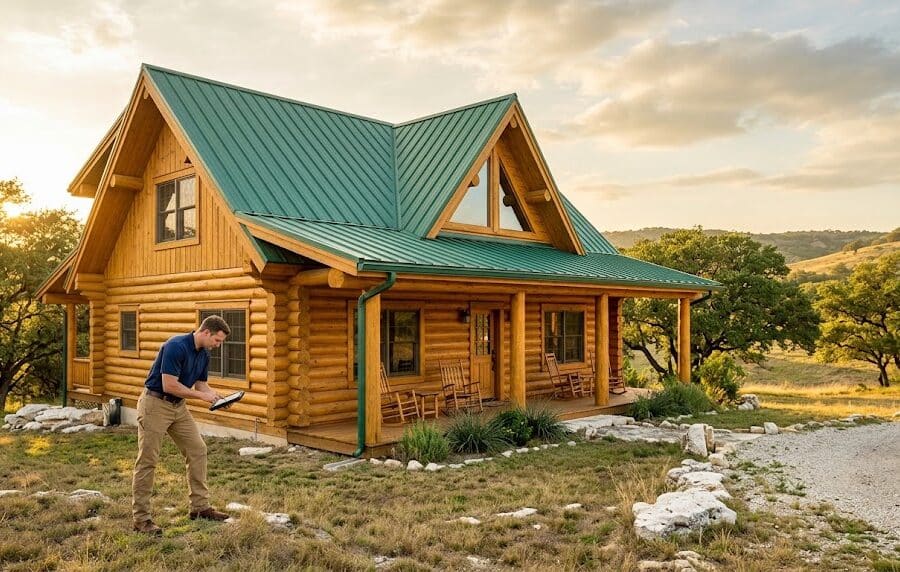 Inspector examining the log walls of a Texas Hill Country home as part of log home maintenance and inspection