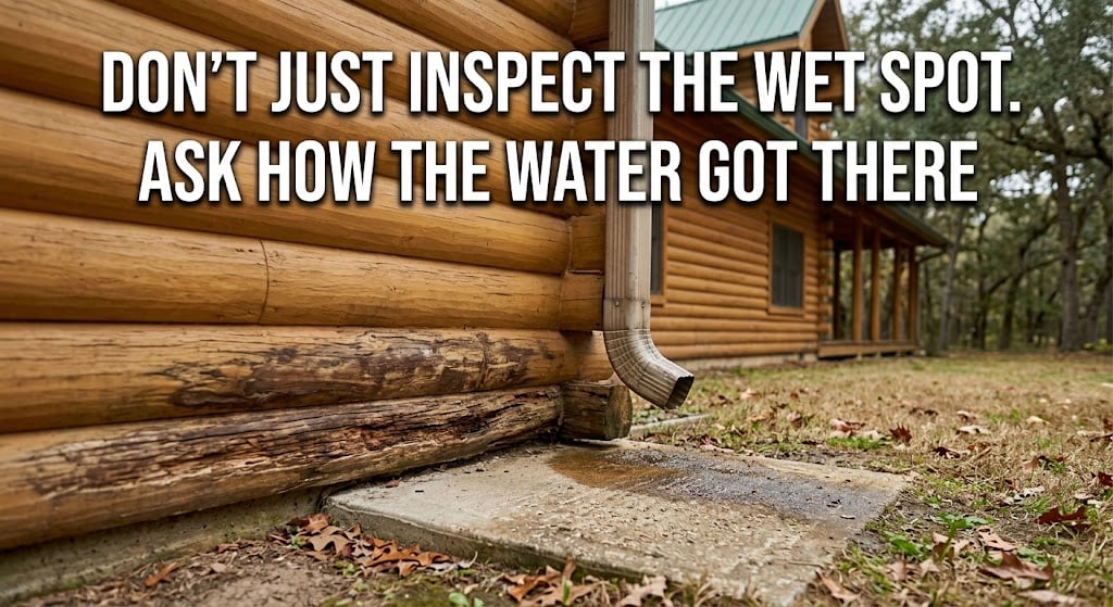 Roof runoff splashback staining the lower log course, a key log home maintenance concern