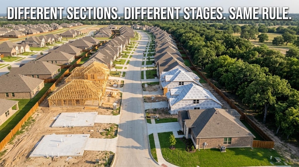 Homes at different construction stages along one street in a large master-planned community