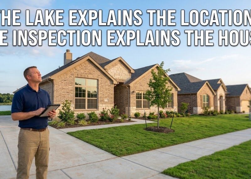 Home inspector at a new single-story home near a lake, illustrating a Mountain Valley Lake Burleson home inspection
