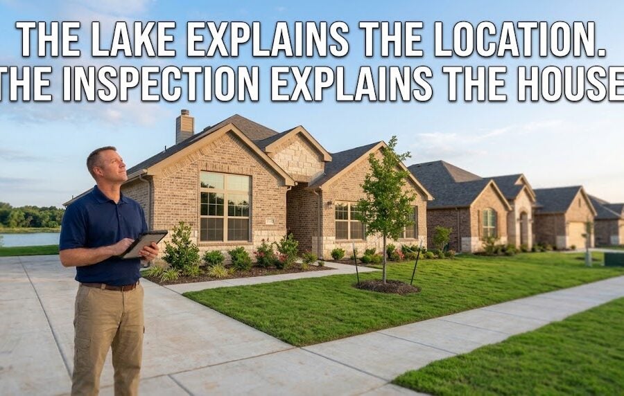 Home inspector at a new single-story home near a lake, illustrating a Mountain Valley Lake Burleson home inspection