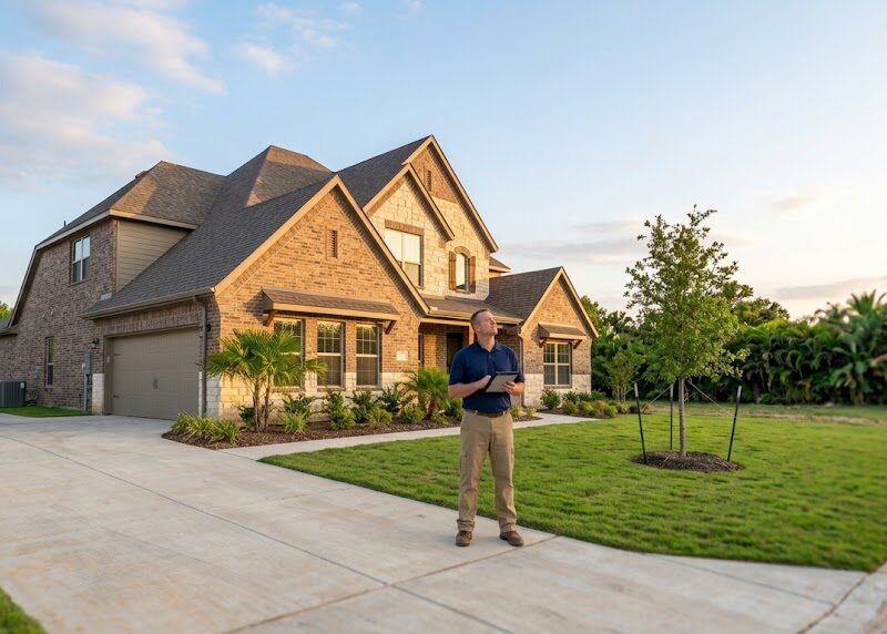 Home inspector at a large new home with a three-car garage, illustrating a Myrtle Creek Waxahachie home inspection