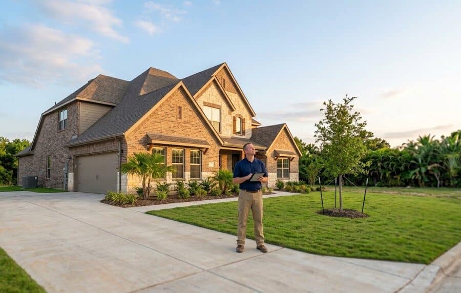 Home inspector at a large new home with a three-car garage, illustrating a Myrtle Creek Waxahachie home inspection